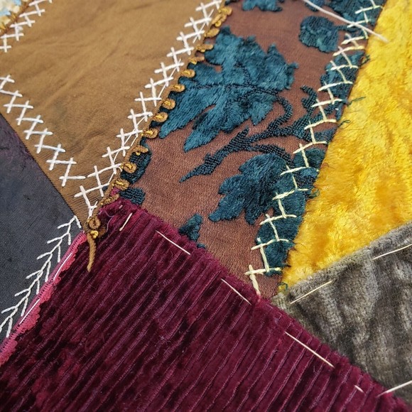 Antique Crazy Quilt 11" Square Block Flannel Backing Velvet Satin Embroidery - Picture 12 of 13